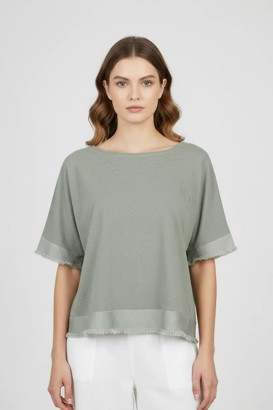 Къса дамска памучна блуза - oversize - Soft Sage-блуза с къс ръкав-6Sense
