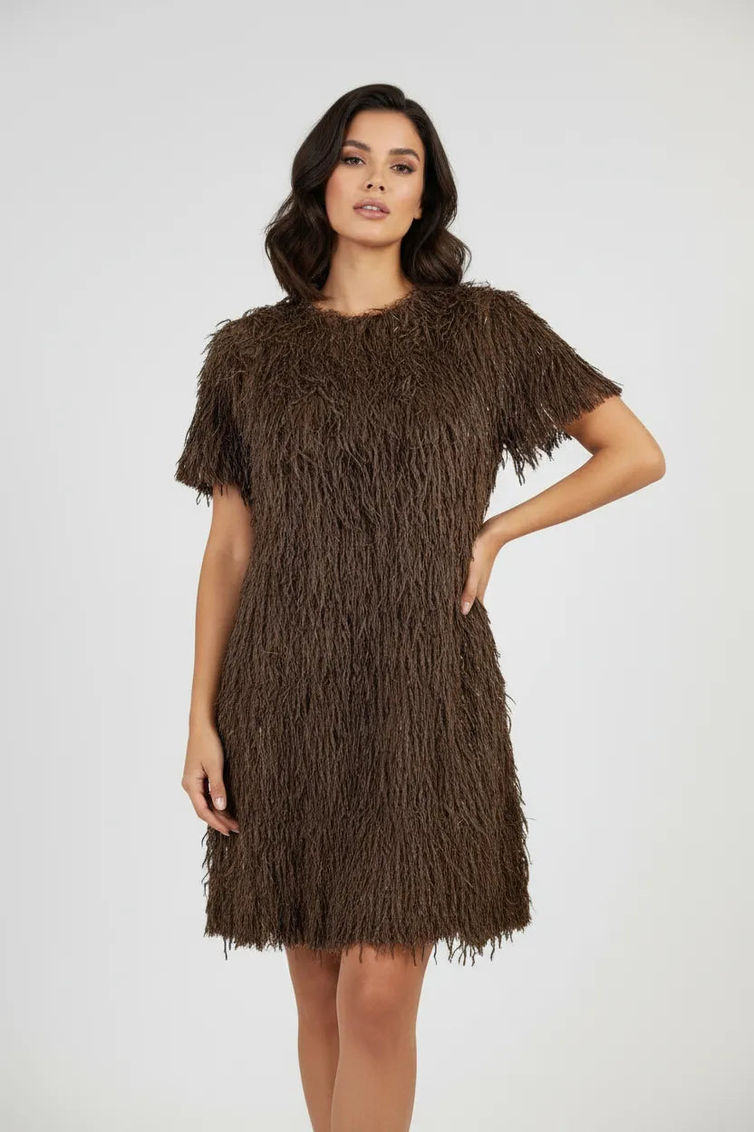 къса парти рокля с ресни в кафяво - Disco Cocoa-рокли-6Sense