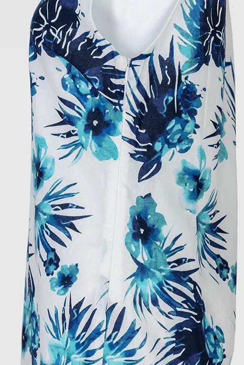 Къса рокля без ръкави от памук и лен - Blue Tropic-рокли-6Sense