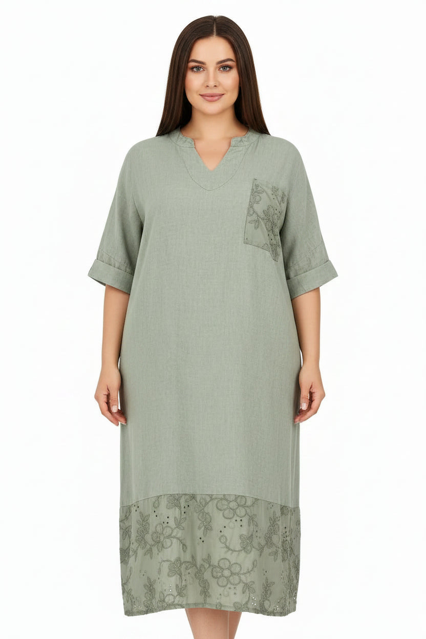 Ленена рокля с бродерия - Plus size – Olivia-рокли-6Sense