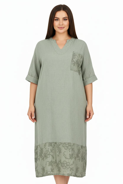 Ленена рокля с бродерия - Plus size – Olivia-рокли-6Sense
