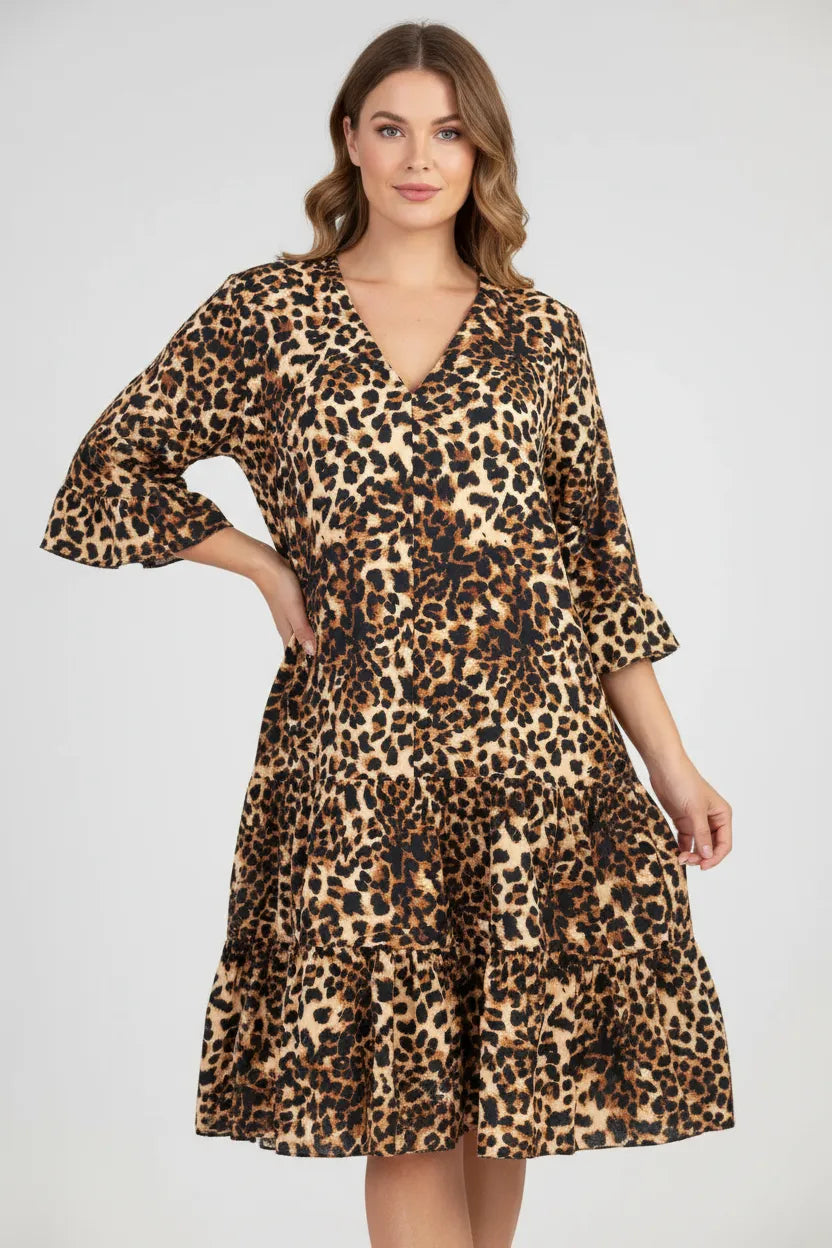 Леопардова рокля от вискоза със свободна кройка - Wild Amber-рокли-6Sense