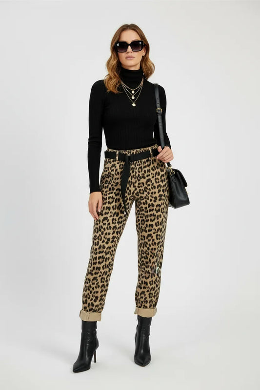 Леопардови дамски джинси от памук с еластан – Leopard Street-панталони-6Sense