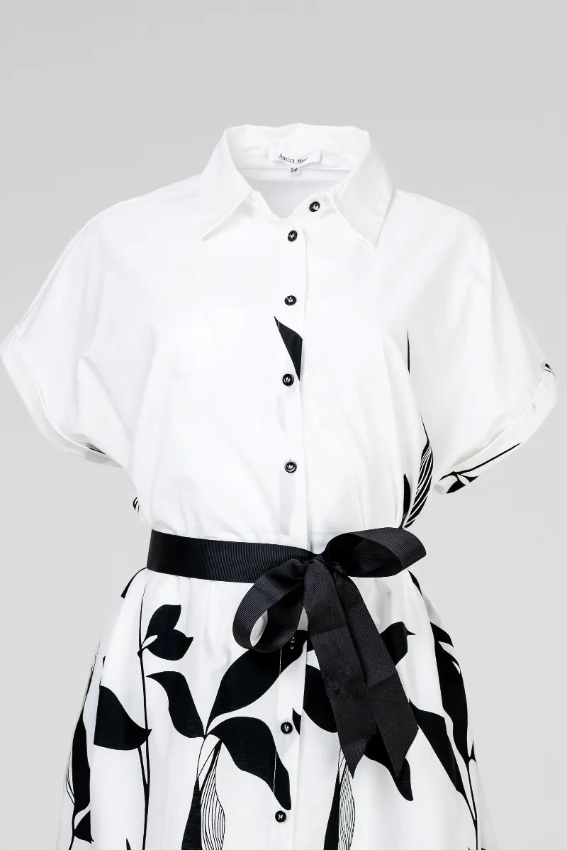 Памучна бяла риза рокля с колан - Plus Size - Noir Bloom-рокли-6Sense