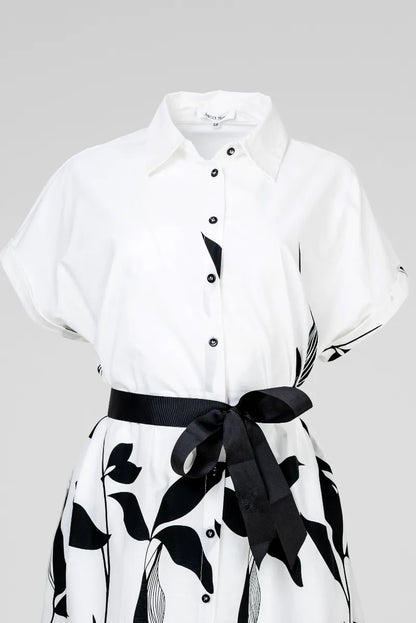 Памучна бяла риза рокля с колан - Plus Size - Noir Bloom-рокли-6Sense