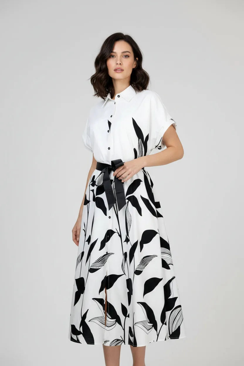 Памучна бяла риза рокля с колан - Plus Size - Noir Bloom-рокли-6Sense