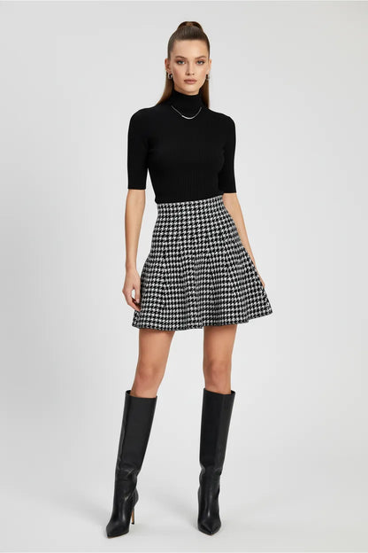 Пепитена къса пола с висока талия в черно-бяло - Charmy-Поли-6Sense