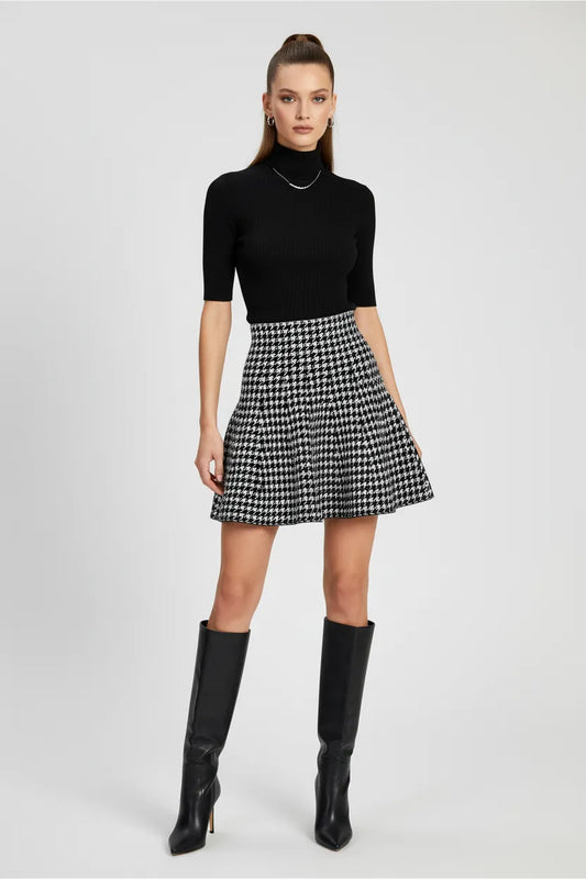 Пепитена къса пола с висока талия в черно-бяло - Charmy-Поли-6Sense