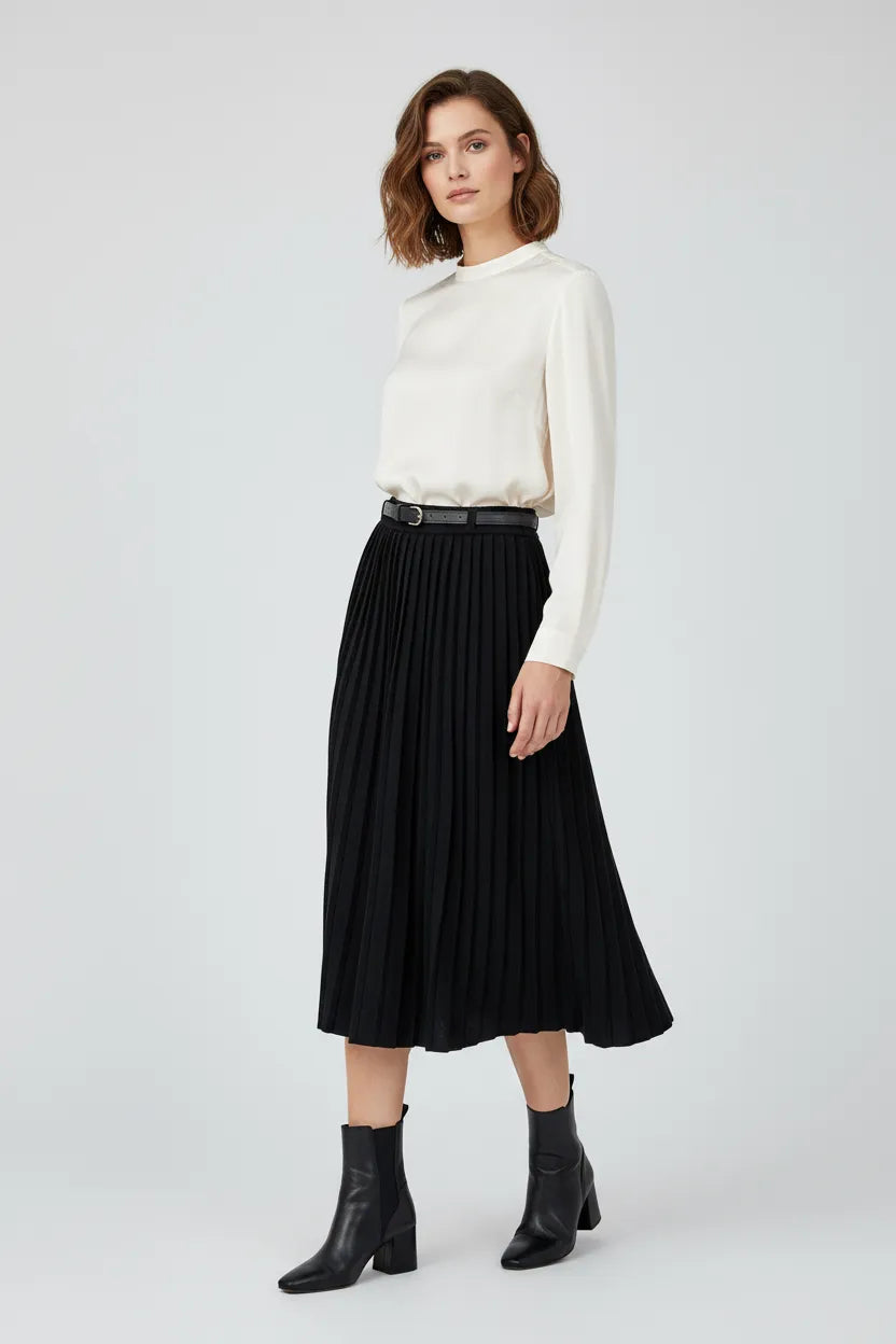 Плетена плисирана пола с колан - Noir Pleat-Поли-6Sense