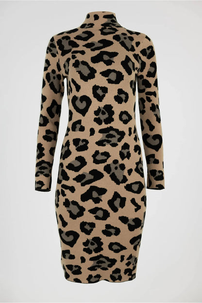 Плетена рокля с леопардов принт - Leopard Knit –-рокли-6Sense