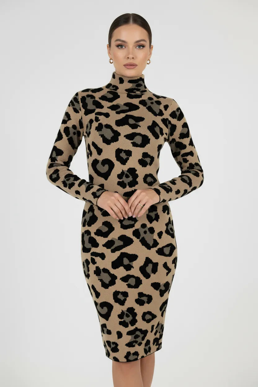 Плетена рокля с леопардов принт - Leopard Knit –-рокли-6Sense