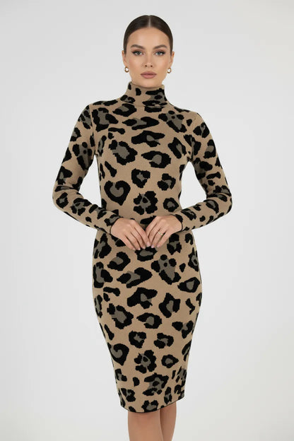 Плетена рокля с леопардов принт - Leopard Knit –-рокли-6Sense