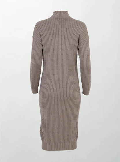 Плетена рокля с полу-поло яка - Cappuccino Cable-рокли-6Sense