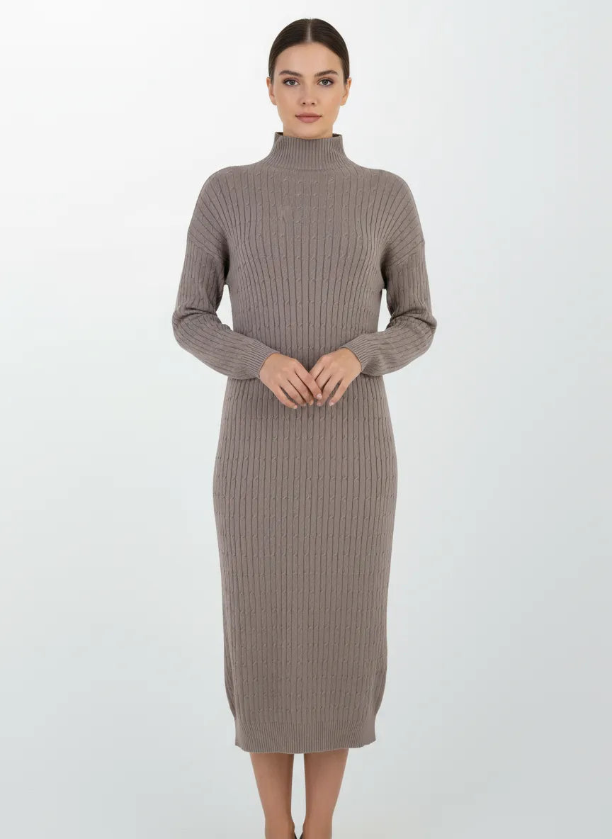 Плетена рокля с полу-поло яка - Cappuccino Cable-рокли-6Sense