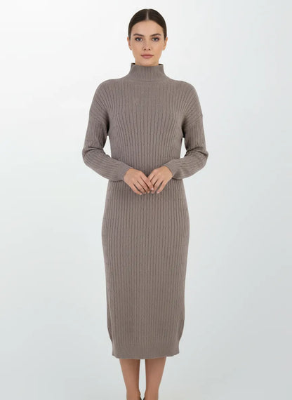 Плетена рокля с полу-поло яка - Cappuccino Cable-рокли-6Sense