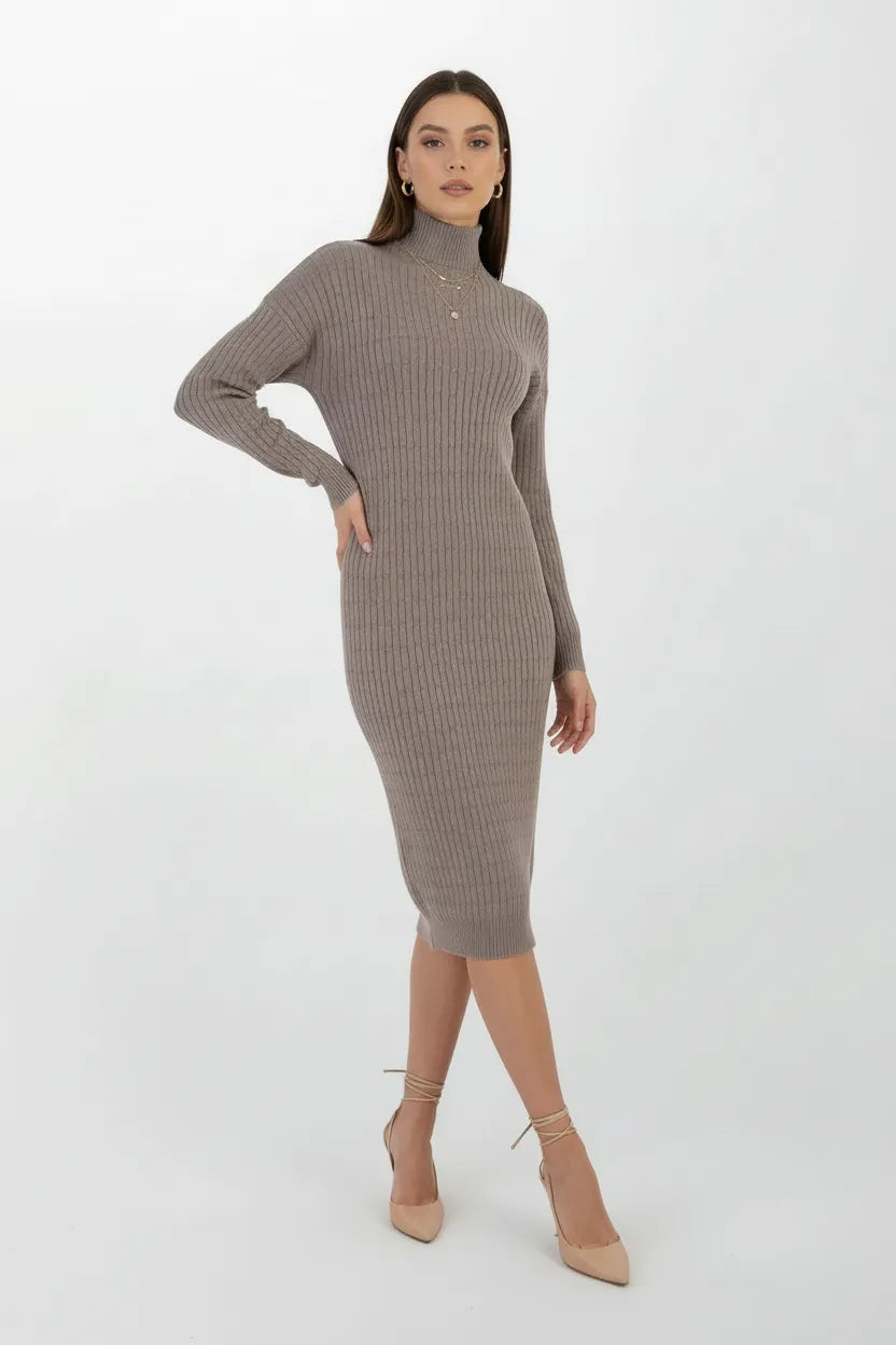 Плетена рокля с полу-поло яка - Cappuccino Cable-рокли-6Sense
