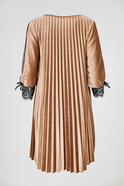 Дамска плисирана кадифена рокля с дантела – Caramel Dream-рокли-6Sense