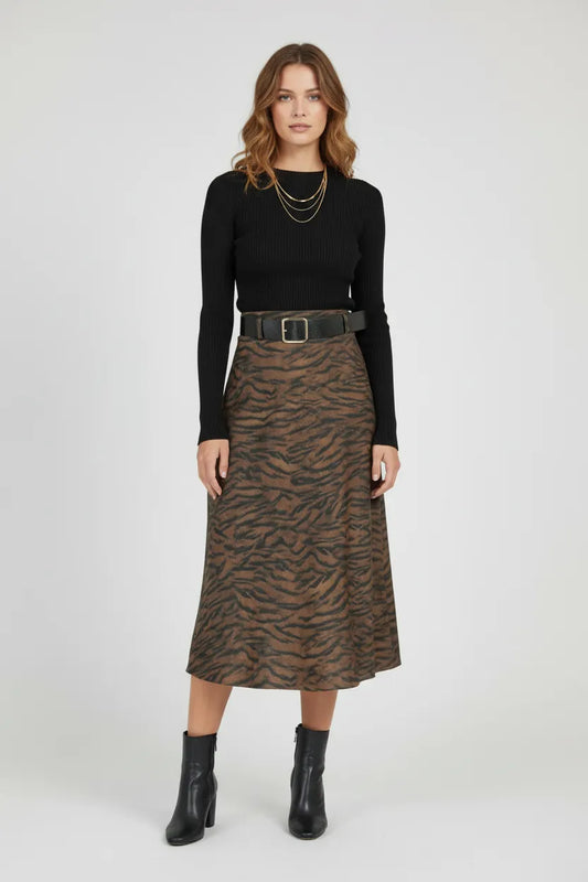 Дамска миди пола с тигров принт – Tiger Brown-Поли-6Sense