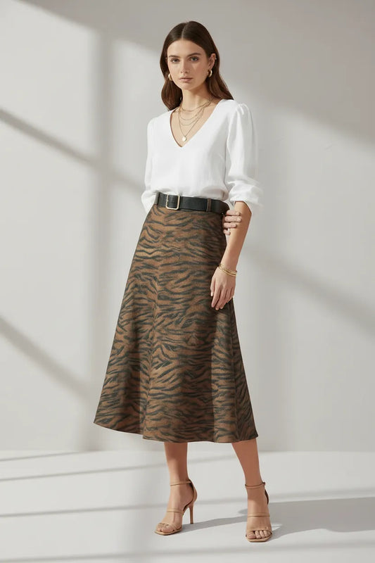 Елегантна миди пола с тигров принт в топли кафяви тонове, разкроена А-линия и черен колан.