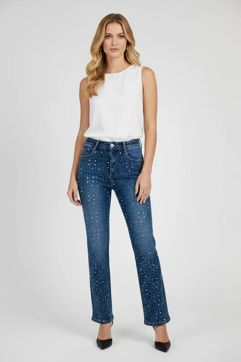 Прав деним с камъни и висока талия - Stardust Denim-дънки-6Sense