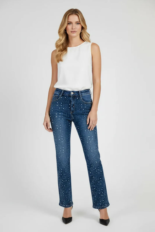 Прав деним с камъни и висока талия - Stardust Denim-дънки-6Sense
