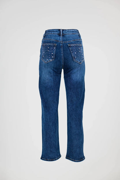 Прав деним с камъни и висока талия - Stardust Denim-дънки-6Sense