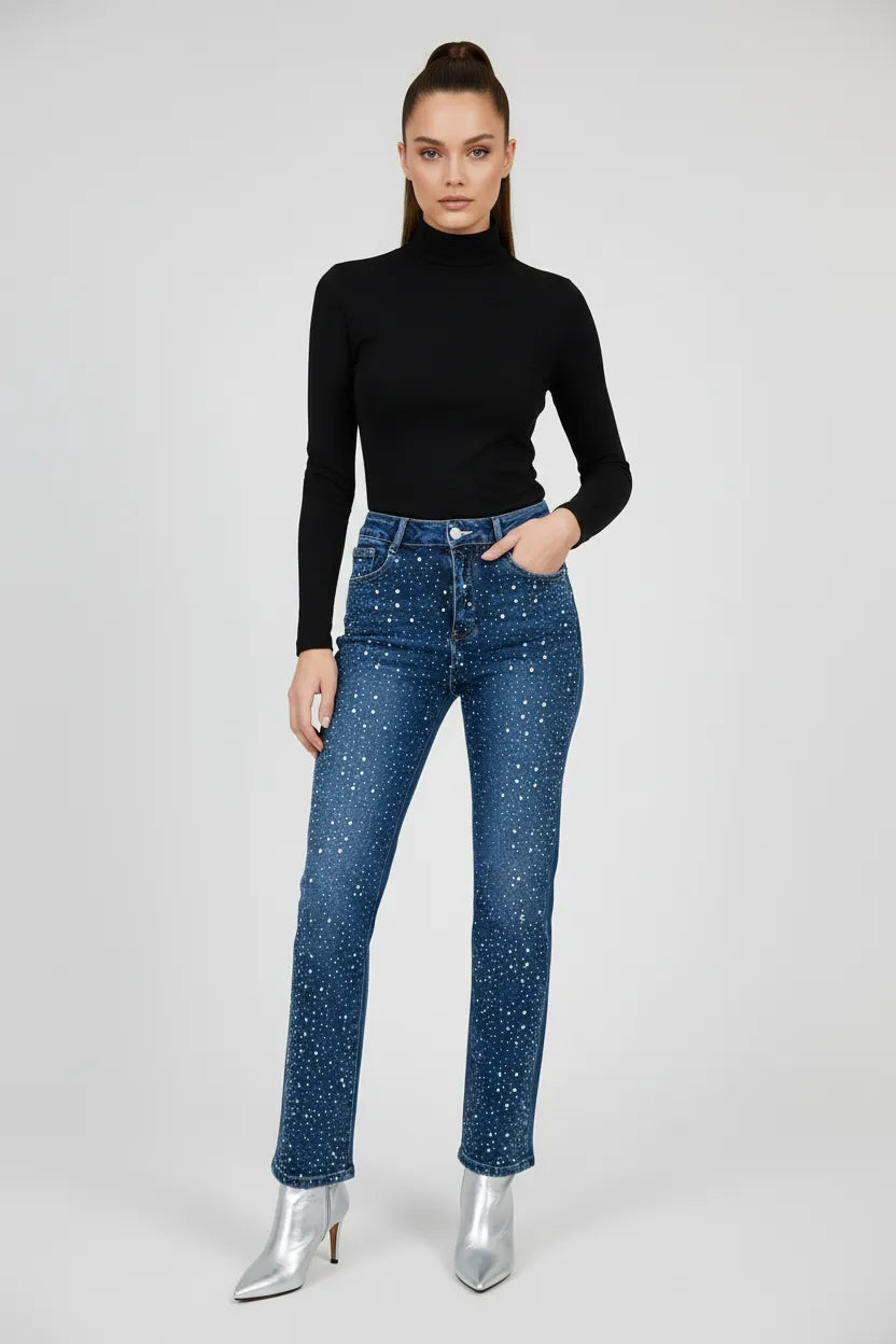 Прав деним с камъни и висока талия - Stardust Denim-дънки-6Sense