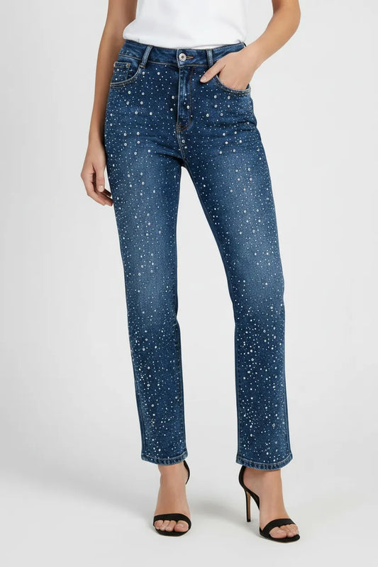 Прав деним с камъни и висока талия - Stardust Denim-дънки-6Sense