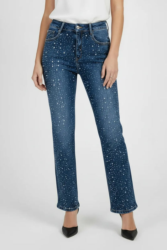 Прав деним с камъни и висока талия - Stardust Denim-дънки-6Sense