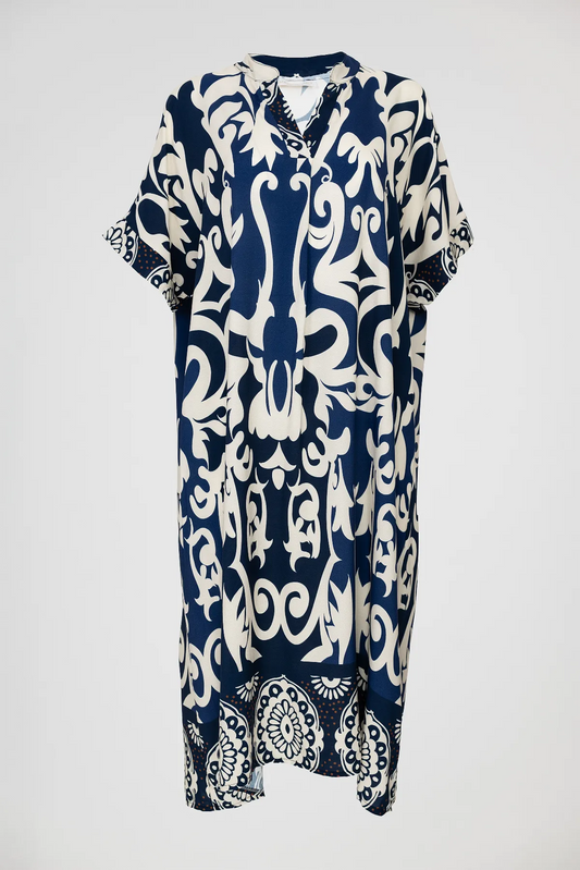 Права миди рокля в тъмносиньо с орнаменти - Plus size - Royal Blue-рокли-6Sense