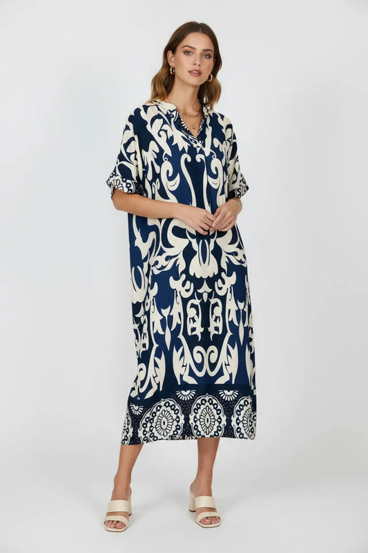 Права миди рокля в тъмносиньо с орнаменти - Plus size - Royal Blue-рокли-6Sense