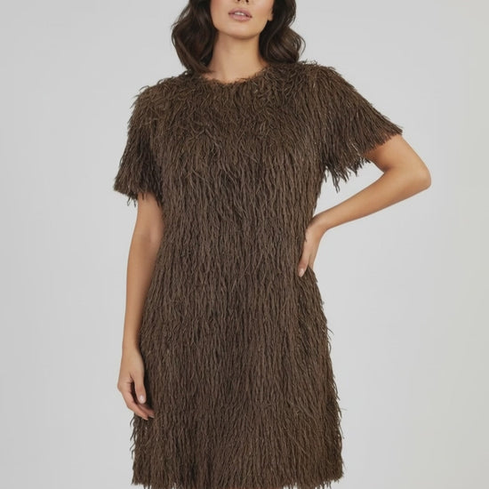 Kъса парти рокля с ресни в кафяво - Disco Cocoa-рокли-6Sense