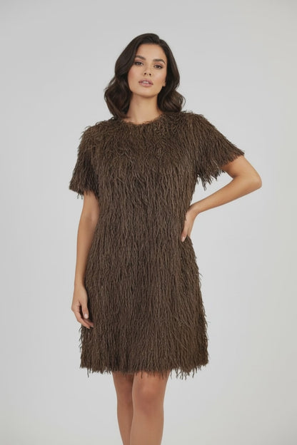 Kъса парти рокля с ресни в кафяво - Disco Cocoa-рокли-6Sense