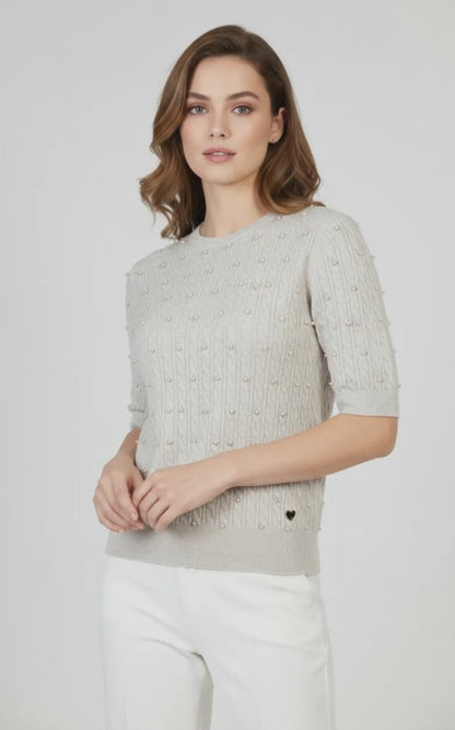 Дамска фина плетена блуза с къс ръкав в екрю – Pearl Knit