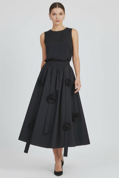 Черна миди пола с 3D рози -Shadow Petal