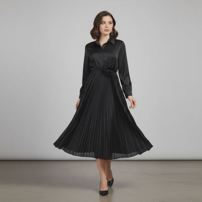 Дамска черна сатенена рокля с плисирана пола - Black Satin