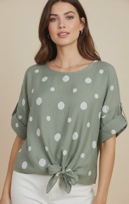Дамска блуза с връзка и десен на точки от тенсел – Summer Dot