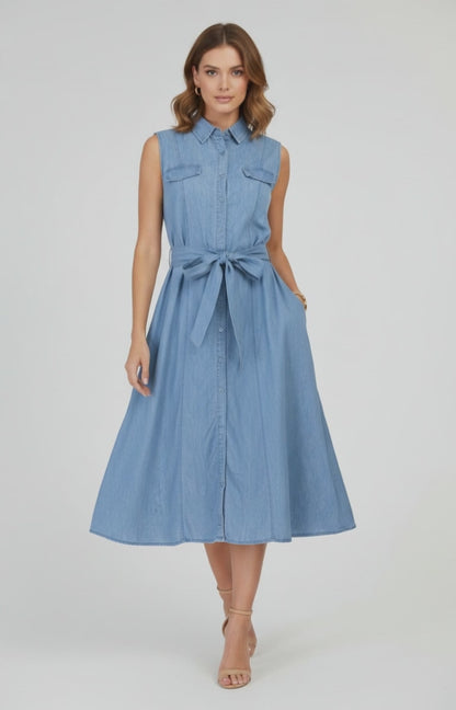 Дънкова рокля без ръкав с колан и копчета – Cotton Denim Shape