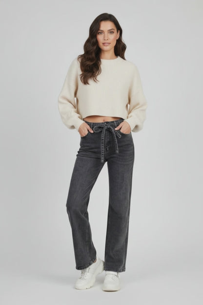 Дамски черни дънки с широк крачол и колан – Noir Wide Denim