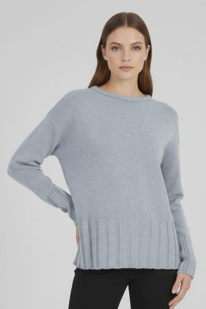 Дамски фин пуловер в светлосив меланж с рипсен подгъв - Soft Line
