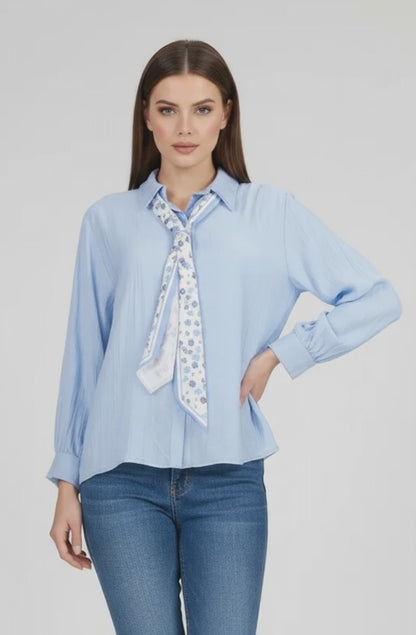 Дамска синя риза с вратовръзка - Sky Ribbon