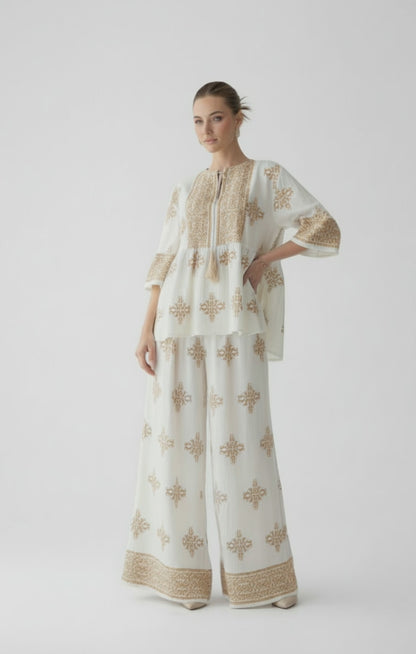 Дамски комплект блуза и панталон с бродерия в бежови тонове – Boho Grace