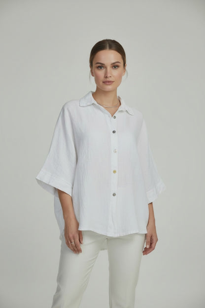 Дамска бяла ленена риза със свободна кройка – Pure Linen