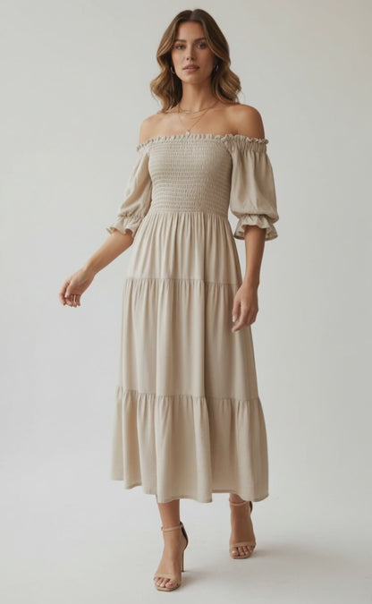 Дамска памучна рокля с ластичен бюст и волани – Soft Boho Touch