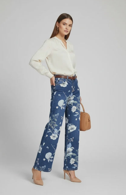 Дамски дънки с широк крачол и висока талия - Midnight Bloom