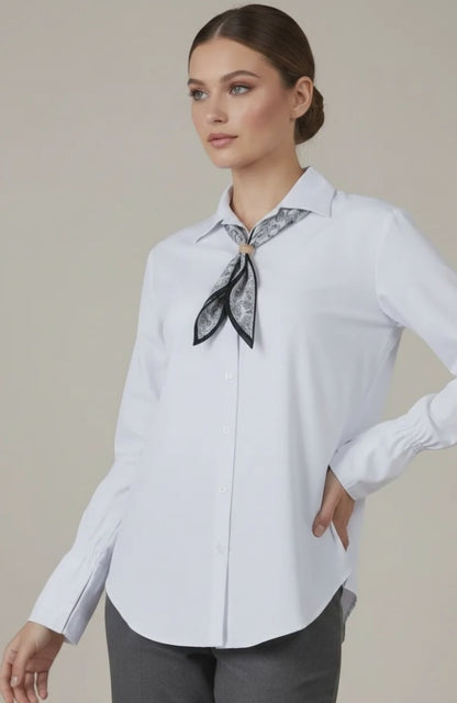 Дамска бяла памучна риза с шалче – White Scarf Shirt