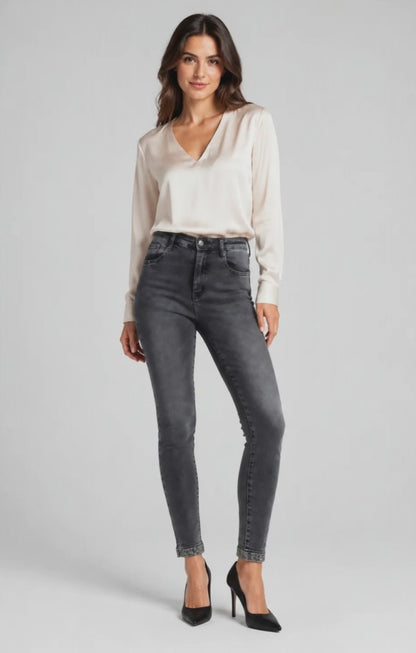 Дамски графитени дънки със слим кройка и камъни – Grey Crystal Denim
