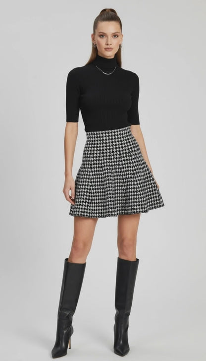 Пепитена къса пола с висока талия в черно-бяло - Charmy