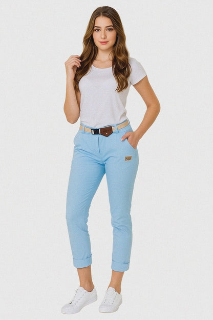 Дамски светлосин панталон с колан - Made with Love