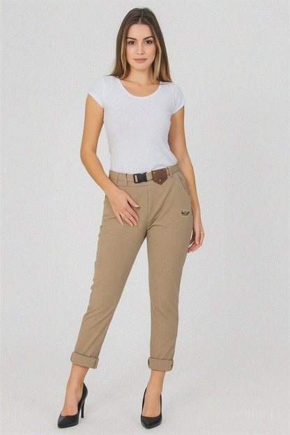 Кафяв дамски панталон с колан “Made with Love”